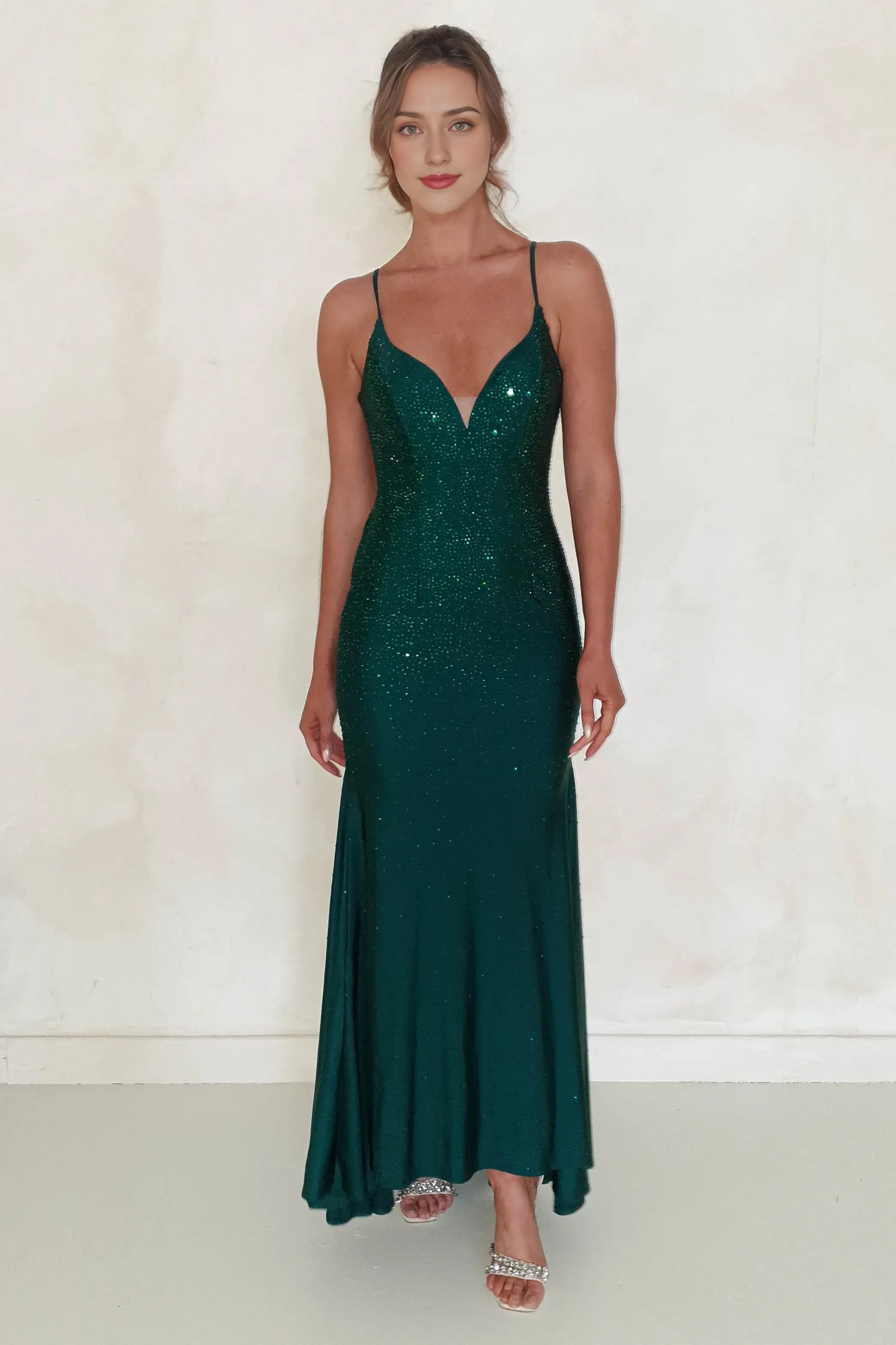 Weitese Dress Dark Green Bodycon Gown Plunging V Neck Spaghetti Straps Mermaid Crisscross Back Prom Dress